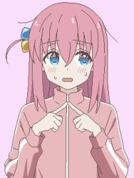 1girl anime_coloring averting_eyes blue_eyes bocchi_the_rock! commentary_request embarrassed gotoh_hitori hair_between_eyes highres index_fingers_together jacket long_sleeves medium_hair partial_commentary pink_background pink_hair pink_jacket pixel_art side_ahoge simple_background solo sweatdrop track_jacket upper_body yuru_kaze