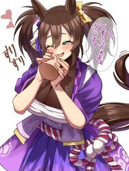 1girl absurdres animal_ears aqua_eyes breasts brown_hair cleavage ear_ornament edoben fang fox_mask hand_on_another&#039;s_cheek hand_on_another&#039;s_face happy highres horse_ears horse_girl horse_tail inari_one_(umamusume) large_breasts mask mask_on_head sarashi smile smoke_klll solo_focus tail translation_request umamusume