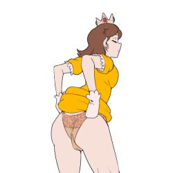 Rule 34 | 1girl, ass, biku, breasts, brown hair, cameltoe, closed eyes, clothes lift, dress, dress lift, from behind, gloves, highres, huge ass, large breasts, legs, mario (series), nintendo, panties, panty pull, princess, princess daisy, puckered lips, short hair, sideboob, solo, source request, thighs, underwear