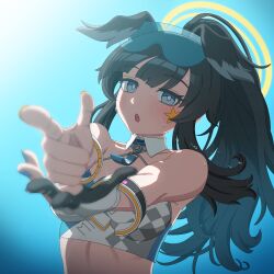 1girl angryangrykim animal_ears bangle bare_shoulders black_hair blue_archive blue_eyes blush bracelet breasts cheerleader dog_ears dog_girl eyewear_on_head finger_gun gloves goggles halo hibiki_(blue_archive) hibiki_(cheer_squad)_(blue_archive) highres jewelry long_hair looking_at_viewer millennium_cheerleader_outfit_(blue_archive) official_alternate_costume open_mouth pointing pointing_at_viewer simple_background solo sports_bra star_sticker sticker_on_face