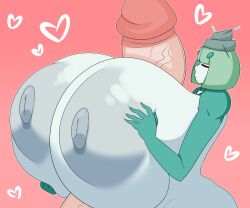 1boy 1girl breasts celesteela closed_eyes colored_nipples colored_skin duskyer gen_7_pokemon gigantic_breasts gigantic_penis green_hair green_skin grey_nipples hat heart highres nintendo nipples outline paizuri penis pink_background pokemon profile puffy_nipples shiny_skin short_hair thick_eyebrows ultra_beast veins veiny_penis white_outline white_skin wide_hips
