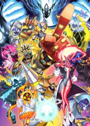 6+boys 6+girls absurdres blonde_hair blue_hair coat cropped_jacket duel_monster electricity endless_engine_argyro_system enmo_takeshita eye_mask gigantic_spright headphones highres jacket long_hair medium_hair multiple_boys multiple_girls pink_hair pink_jacket red_hair short_hair spright_blue spright_carrot spright_elf spright_jet spright_pixies spright_red spright_sprind therion_bull_ain therion_empress_alasia therion_king_regulus therion_lili_borea therion_reaper_fum white_coat yu-gi-oh!