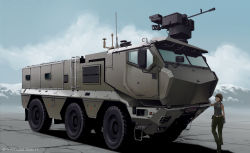 1girl 2020 blue_sky brown_hair cloud commentary crows_(remote_controlled_weapon_station) dead-robot green_pants kamaz_typhoon-k ladder military military_truck military_vehicle mixed-language_commentary motor_vehicle original pants remote_controlled_weapon_station shadow short_hair sky solo truck turret wide_shot