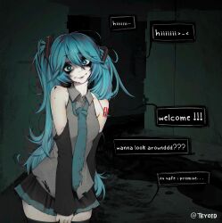 1girl artist_name backrooms_(creepypasta) bare_shoulders black_liquid black_skirt black_sleeves black_thighhighs blue_eyes blue_hair blue_necktie breasts bright_pupils closed_mouth commentary cowboy_shot creepy_eyes dark_room detached_sleeves double-parted_bangs english_commentary english_text grey_shirt hair_between_eyes hatsune_miku highres horror_(theme) long_hair looking_at_viewer loose_necktie medium_breasts messy_hair necktie number_tattoo shirt skirt smile solo staring talking tattoo teyoid thighhighs twintails very_long_hair vocaloid wing_collar zettai_ryouiki