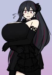 absurdres alternate_breast_size black_dress black_gloves black_hair blush breasts dress earrings elbow_gloves embarrassed flying_sweatdrops genderswap genderswap_(mtf) gloves hair_between_eyes hair_ornament hand_under_dress highres huge_breasts jewelry long_hair multicolored_hair open_mouth red_eyes red_hair ren_(witch&#039;s_weapon) sein_(abcd777) simple_background streaked_hair sweatdrop witch&#039;s_weapon