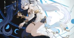 Rule 34 | 1010 (wuthering1100), 1girl, absurdres, ancient greek clothes, armlet, bare shoulders, blue eyes, blue hair, breasts, bridal gauntlets, closed mouth, commentary request, gladiator sandals, gold bra, greco-roman clothes, head wreath, highres, iuno (wuthering waves), jewelry, long hair, looking at viewer, medium breasts, partial commentary, sandals, single bridal gauntlet, smile, solo, thighlet, thighs, twintails, very long hair, white bridal gauntlets, wuthering waves
