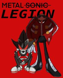 Rule 34 | 2boys, arm behind back, bald, commentary, dr. eggman, english commentary, english text, evil grin, evil smile, facial hair, glasses, gloves, goggles, goggles on head, grin, hand on another&#039;s shoulder, hanibananeez, highres, male focus, metal legion, multiple boys, mustache, original, red background, robot, simple background, smile, sonic (series), white gloves