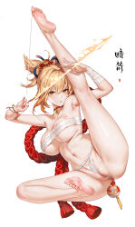 1girl anal anal_object_insertion areola_slip armpits arms_up arrow_(projectile) bandaged_chest bandaged_wrist bandages barefoot blonde_hair bow_(weapon) breasts butt_plug chest_tattoo chinese_commentary chinese_text choker cleft_of_venus commentary_request da_mao_banlangen feet fire flower_tattoo full_body genshin_impact hair_ornament high_ponytail highres holding holding_arrow holding_weapon improvised_weapon jewelry kanzashi kneepits large_breasts leg_up legs looking_at_viewer navel object_insertion orange_eyes panties parted_lips pendant_choker ponytail pubic_tattoo pussy red_choker rope sex_toy shimenawa shiny_skin short_ponytail sidelocks simple_background sitting soles solo split spread_legs stomach string tattoo thighs toe_ring toes underwear weapon white_background white_panties wristband yoimiya_(genshin_impact)