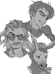 Rule 34 | 3boys, ;), animal head, cropped head, donkey boy, donkey head, facial hair, flower, glasses, gloves, greyscale, grin, hair flower, hair ornament, hand up, highres, holding, holding picture frame, j (reverse:1999), kaeru (uj26cobrsv), looking ahead, looking at object, looking at viewer, mature male, monochrome, mr. duncan (reverse:1999), multiple boys, mustache, nick bottom (reverse:1999), old, old man, one eye closed, picture frame, portrait, reverse:1999, salute, short hair, smile, teeth, two-finger salute