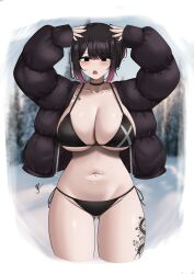 1girl absurdres arms_up bikini black_bikini black_choker black_eyes black_hair black_jacket black_nails blurry blurry_background blush border breasts choker cleavage collarbone gluteal_fold gradient_hair groin halterneck hands_on_own_head highres jacket large_breasts leg_tattoo long_sleeves looking_at_viewer mole mole_on_breast mole_under_mouth multicolored_hair navel navel_piercing open_clothes open_jacket open_mouth original piercing pink_hair short_hair side-tie_bikini_bottom solo straight-on swept_bangs swimsuit tattoo teeth thighs upper_teeth_only white_border yukaraishin zipper zipper_pull_tab