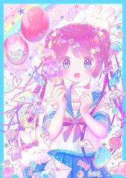 1girl absurdres animal animal-themed_food balloon blue_border blue_eyes blush border bow bowtie cake cake_slice candy cloud commentary_request crescent envelope food frilled_sailor_collar frills hair_bow hair_ornament heart heart_hair_ornament highres holding holding_food holding_ice_cream holding_ice_cream_cone ice_cream ice_cream_cone letter lollipop long_hair love_letter macaron mini_wings nakkii open_mouth original outside_border pink_hair pleated_skirt polka_dot polka_dot_background polka_dot_bowtie rabbit rainbow sailor_collar school_uniform serafuku shooting_star_(symbol) shooting_star_hair_ornament short_sleeves skirt solo star_(symbol) star_hair_ornament swirl_lollipop twintails very_long_hair wings wrapped_candy yume_kawaii