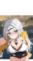 1girl absurdres bangboo_(zenless_zone_zero) between_breasts black_shorts blush breasts commentary eous_(zenless_zone_zero) hair_ornament hairclip high-waist_shorts highres jacket large_breasts leaning_forward looking_at_viewer mole mole_on_breast outline parted_lips reaching reaching_towards_viewer shorts solo vincent_leo white_hair white_outline yellow_eyes yellow_jacket yi_xuan_(zenless_zone_zero) yin_yang_pin zenless_zone_zero