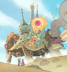 1girl blue_pants blue_sky boots cape capelet desert dress dust facing_away fantasy frog_boy giant giant_monster highres holding holding_hands migamigami monster nature original pants red_cape rock sheath sheathed shell shirt sky smoke sword weapon weapon_on_back white_shirt