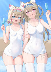 2girls :d :p animal_ear_fluff animal_ears bandaid bandaid_hair_ornament blonde_hair blue_eyes blue_hair blue_hairband blue_sky breasts commentary_request covered_navel crossed_bangs day dog_ears dog_girl dog_tail double-parted_bangs fang food fuwawa_abyssgard gluteal_fold hair_between_eyes hair_intakes hair_ornament hairband hairclip hand_up highres holding holding_food holding_popsicle hololive hololive_english large_breasts locked_arms long_hair looking_at_viewer mococo_abyssgard multicolored_hair multiple_girls old_school_swimsuit one-piece_swimsuit open_mouth outdoors pink_eyes pink_hair pink_hairband popsicle school_swimsuit short_hair siblings sisters skin_fang sky skyrail small_breasts smile standing streaked_hair swimsuit tail thighhighs tongue tongue_out twins two_side_up virtual_youtuber white_one-piece_swimsuit white_thighhighs x_hair_ornament