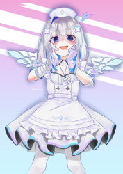 1girl absurdres amane_kanata amane_kanata_(nurse) bandaged_arm bandages blue_hair blush cowboy_shot detached_collar dress empty_eyes flat_chest gloves gradient_background grey_hair hair_down hair_ornament hands_on_own_face hat highres hololive lanyard long_hair looking_at_viewer multicolored_hair null_suke nurse nurse_cap open_mouth pantyhose purple_eyes shaded_face solo standing twitter_username two-tone_hair virtual_youtuber white_dress white_gloves white_pantyhose wing_print wings x_hair_ornament yandere