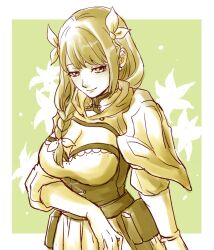 Rule 34 | 1girl, braid, braided ponytail, breasts, brown eyes, brown hair, cleavage, corset, dress, fire emblem, fire emblem engage, gloves, goldmary (fire emblem), hair ribbon, highres, large breasts, long hair, low ponytail, mole, mole on breast, nintendo, ponytail, ribbon, skirt, smile, solo, upper body, usachu now, white gloves, white ribbon, yellow dress, yellow eyes
