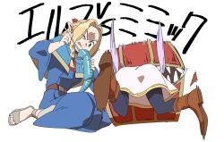 2girls ass belt black_pantyhose blonde_hair blue_capelet blue_robe boots braid brown_footwear capelet crab_claw crossover dress dungeon_meshi eating elf french_braid frieren green_eyes hood hood_down hooded_capelet jinou_rakugaki kicking knee_boots licking_lips long_hair long_sleeves marcille_donato mimic mimic_chest motion_blur multiple_girls one_eye_closed pants pantyhose parted_bangs pointy_ears robe sandals season_connection shoe_soles side_braid simple_background sitting skirt sousou_no_frieren struggling stuck tongue tongue_out twintails vore wariza white_background white_dress white_pants