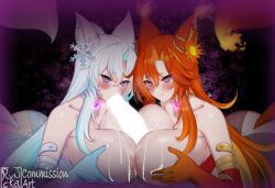 1boy 2girls @_@ ass bare_shoulders blue_gloves blue_hair breast_press breasts censored choker collarbone commentary commission cooperative_paizuri cum cum_on_body cum_on_breasts cum_on_upper_body elbow_gloves english_commentary fellatio ffm_threesome fox_girl gloves glowing glowing_heart glowing_penis group_sex hair_ornament hetero highres huge_breasts hypnosis indie_virtual_youtuber large_variant_set long_hair looking_at_viewer mind_control multicolored_hair multiple_girls oral orange_hair orange_tail paizuri penis ryncka smug_alana snowflake_hair_ornament symmetrical_docking teamwork_(sexual) threesome two-tone_hair variant_set virtual_youtuber white_hair white_tail