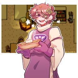 1boy ahoge alternate_costume brown_hair clover clover_(tofuisstilltofu) clover_hair_ornament clover_print collared_robe cosplay cowboy_shot eyepatch fictional_persona flower flower_petal food gloves hair_ornament hands_up happy highres holding holding_pie looking_at_viewer male_focus matcha_(food) messy_hair one_eye_covered open_mouth original petal_on_head petals pie plant purple_eyes purple_gloves purple_robe robe short_hair simple_background three-quarter_sleeves smile solo teeth tofuisstilltofu toriel toriel_(cosplay) undertale whipped_cream white_background white_eyepatch white_sleeves