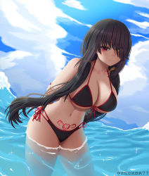 1girl absurdres arms_behind_back artist_name backlighting bikini black_bikini black_hair breasts cleavage cowboy_shot date_a_live hair_ornament hair_over_one_eye hand_on_arm heterochromia highres holding_own_arm large_breasts leaning_forward long_bangs long_hair looking_at_viewer low_twintails nail_polish navel ocean outdoors pubic_tattoo red_eyes red_nails side-tie_bikini_bottom sideboob smile solo sunlight swimsuit tattoo thighs tokisaki_kurumi twintails underboob very_long_hair wading watermark yellow_eyes zedxbr