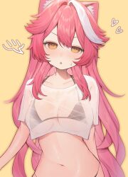 1girl animal_ears bikini bikini_under_clothes black_bikini blush breasts collarbone commentary english_commentary heart highres hololive hololive_english large_breasts long_hair looking_at_viewer multicolored_hair navel open_mouth panther_ears panther_girl pink_hair raora_panthera see-through_bikini see-through_clothes see-through_shirt shiny_skin shirt short_sleeves simple_background solo spoken_blush stomach streaked_hair sweat swimsuit szuukie two-tone_hair virtual_youtuber white_hair white_shirt yellow_background yellow_eyes