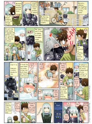aqua_hair armor bath bicycle black_eyes blush clenched_teeth comic detachable_head dullahan highres looking_back masturbation monster_girl monster_musume_no_iru_nichijou okayado orgasm smile surprised sweat tape teeth translated