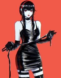 Rule 34 | 1girl, bare shoulders, black choker, black dress, black gloves, black hair, black thighhighs, breasts, choker, cleavage, collarbone, commentary, dress, earrings, elbow gloves, english commentary, gloves, hairband, hands up, henoopd, highres, holding, holding leash, jewelry, leash, long hair, pale skin, parted lips, photo-referenced, red background, red eyes, red hairband, red lips, sidelocks, simple background, small breasts, solo, spy x family, standing, thighhighs, yor briar