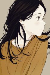 1girl black_eyes black_hair collarbone_peek grey_background highres light_blush long_hair long_sleeves looking_to_the_side original parted_bangs parted_lips profile shirt sideways_mouth solo upper_body usakonbu22 yellow_shirt