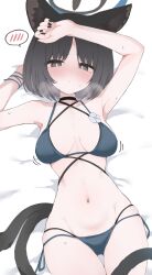 Rule 34 | 1girl, animal ears, arms up, bakeneko, bikini, black eyes, black hair, black tail, blue archive, blue bikini, blue halo, blue tail, blush, breasts, cat ears, cat girl, cat tail, co, commentary request, criss-cross straps, gradient tail, halo, highres, hone kawa, kikyou (blue archive), kikyou (swimsuit) (blue archive), layered bikini, looking at viewer, lying, medium breasts, multi-strapped bikini bottom, multiple tails, nose blush, official alternate costume, on back, short hair, skindentation, solo, spoken blush, sweat, swimsuit, tail, thighs, two tails, white bikini