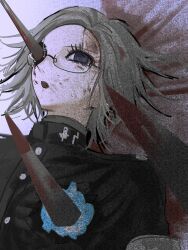 1boy aotsuki_eito armband black_shirt blood blood_on_face blue_eyes corpse glasses gradient_background grey_background grey_hair impaled last_defense_academy_school_uniform male_focus open_mouth parted_hair purple_background shirt simple_background solo solo_focus teeth the_hundred_line_-last_defense_academy- upper_body upper_teeth_only