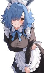 1girl absurdres apron black_dress blue_hair breasts character_request closed_mouth collared_dress dress hair_over_one_eye highres indie_virtual_youtuber juliet_sleeves long_hair long_sleeves looking_at_viewer maid maid_apron maid_headdress medium_breasts moth_antennae mugripley orange_eyes puffy_sleeves simple_background smile solo virtual_youtuber white_background