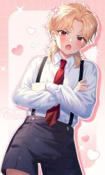 aged_down angry bishounen blonde_hair clm13sh9 collared_shirt crossed_arms dio_brando fang highres jojo_no_kimyou_na_bouken long_hair looking_at_viewer necktie phantom_blood red_eyes shirt short_shorts shorts suspenders white_shirt
