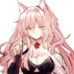 1girl aegyo_sal animal_ears anpoai arknights breasts chinese_commentary commentary_request eyes_visible_through_hair fingernails hair_between_eyes hand_up highres holding holding_pen long_hair long_sleeves looking_at_viewer medium_breasts pen pink_eyes pink_hair pozyomka_(arknights) simple_background sketch solo white_background