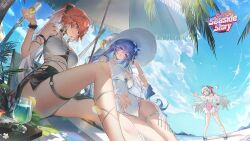3girls alternate_costume bare_shoulders beach beach_umbrella black_bow black_skirt blue_eyes blue_flower blue_sky body_markings bow bracelet braid breasts cantarella_(wuthering_waves) carlotta_(wuthering_waves) casual_one-piece_swimsuit changli_(wuthering_waves) clothing_cutout colored_inner_hair commentary cup day drinking_glass earrings english_commentary eyewear_on_head flower food fruit hair_between_eyes hair_bow hair_extensions hair_flower hair_ornament hand_up hat highres hisiya_(wldn1112) holding holding_cup jewelry knee_up large_breasts lemon lemon_slice logo long_hair looking_at_another looking_at_viewer multicolored_hair multiple_girls navel o-ring o-ring_thigh_strap official_art one-piece_swimsuit outdoors parted_lips pink_hair ponytail purple_hair ring_hair_extensions second-party_source sitting skirt sky smile stomach_cutout sunglasses swimsuit thigh_strap thighs twin_braids two-tone_hair umbrella very_long_hair white_hair white_hat white_one-piece_swimsuit wuthering_waves yellow_eyes