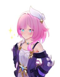 Rule 34 | 1girl, absurdres, akaika (aka), blue eyes, breasts, coat, commentary request, cyrene (honkai: star rail), dress, hair ornament, highres, honkai: star rail, honkai (series), jewelry, medium hair, multicolored hair, necklace, pink hair, purple coat, simple background, small breasts, smile, solo, two-tone hair, white background, white dress, white hair