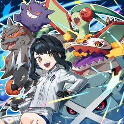 1girl :d ^_^ black_gloves black_hair brown_eyes closed_eyes colored_sclera fire flygon gen_1_pokemon gen_3_pokemon gen_5_pokemon gengar gloves grin hair_intakes hisuian_arcanine jacket long_sleeves looking_at_viewer metagross ninahachi nintendo open_mouth pokemon pokemon_(creature) pokemon_sv red_sclera shorts skeledirge smile thick_eyebrows twitter_username white_jacket white_shorts zebstrika