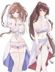 Rule 34 | 2girls, absurdres, alternate costume, bare shoulders, blush, breasts, brown hair, cleavage, clothing request, collarbone, commentary, elbow gloves, gloves, grey eyes, hair ornament, hair scrunchie, hand on own chest, high side ponytail, highres, kantai collection, large breasts, long hair, looking at viewer, multiple girls, pink eyes, ponytail, raymie0124, saratoga (kancolle), sarong, scrunchie, see-through clothes, sidelocks, simple background, very long hair, white background, white gloves, white sarong, white scrunchie, yamato (kancolle)