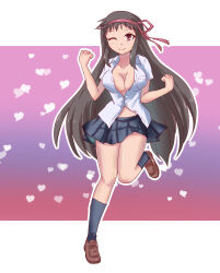 ayame_(senran_kagura) black_hair blush breast_pocket breasts cleavage collared_shirt hair_ribbon hanzou_academy_school_uniform heart highres large_breasts long_hair midriff_peek one_eye_closed partially_unbuttoned pocket red_eyes ribbon school_uniform senran_kagura shirt skirt standing standing_on_one_leg tanutaka white_shirt