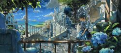 1girl absurdres black_cat black_pantyhose blonde_hair blue_flower blue_sky brown_hair camera cat closed_eyes cloud colored_pencil_(medium) dappled_sunlight day flower hat highres nekojarashi_(yuuga) original outdoors pantyhose petting railing scenery sitting skirt sky solo stairs sunlight traditional_media white_cat