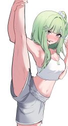 Rule 34 | 1girl, absurdres, arm up, armpits, bamul, blunt ends, blush, breasts, camisole, character name, cleavage, collarbone, commentary request, crop top, diamond hair ornament, embarrassed, green hair, grey eyes, grey shorts, hair ornament, hairclip, hand up, highres, korean commentary, large breasts, long hair, looking at viewer, midriff, navel, nose blush, one side up, parted lips, pom pom (clothes), pom pom hair ornament, print camisole, shorts, simple background, solo, split, standing, standing on one leg, standing split, stellive, straight hair, sweat, virtual youtuber, white background, white camisole, yuzuha riko