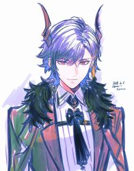 1boy black_coat black_horns black_vest blue_hair closed_mouth coat collared_shirt dated dress_shirt fur-trimmed_coat fur_trim hololive hololive_english horns looking_at_viewer male_focus malphis_ravencroft_ii mole mole_under_eye red_eyes shirt simple_background slit_pupils solo vest virtual_youtuber white_background white_shirt yuri_kyanon