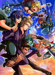 5boys ahoge animal_print aqua_eyes ardyn_izunia arm_ribbon arm_tattoo beard black_footwear black_gloves black_hair black_jacket black_pants black_ribbon black_shirt blonde_hair brown_eyes brown_hair carrying chinstrap_beard closed_eyes collared_shirt colored_skin crying eputo_(murockyou) facial_hair final_fantasy final_fantasy_xv fingerless_gloves furrowed_brow gladiolus_amicitia glasses gloves green_eyes green_skin hair_between_eyes hair_slicked_back hand_on_another&#039;s_shoulder highres holding holding_another&#039;s_wrist holding_sword holding_weapon ignis_scientia jacket male_focus medium_hair multiple_boys noctis_lucis_caelum open_mouth pants parted_lips piggyback print_shirt prompto_argentum ribbon rocket scar scar_on_face scar_on_forehead shirt short_hair short_sleeves sideburns sleeveless sleeveless_shirt smile suit_jacket sweatdrop swept_bangs sword tattoo tears tonberry weapon