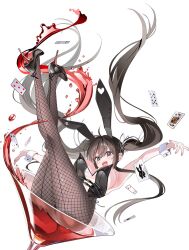 1girl alcohol animal_ears black_hair black_pantyhose blush bow breasts card cup drinking_glass fishnet_pantyhose fishnets grey_eyes hair_between_eyes hair_ornament hair_ribbon high_heels highres large_breasts leotard liquid long_hair looking_at_viewer open_mouth original pantyhose piyopoyo playboy_bunny rabbit_ears ribbon smile solo teeth twintails wine wrist_cuffs
