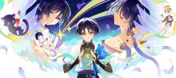 3boys anemo_symbol_(genshin_impact) animalization aqua_gemstone armor belt black_belt black_bodysuit black_bow black_bridal_gauntlets black_cat black_hair blue_eyes blue_kimono blue_sleeves blunt_ends bodysuit bow bridal_gauntlets cable cat closed_eyes closed_mouth clothing_cutout cloud cloudy_sky covered_collarbone cracked_skin cu09291 doll eyelashes eyeliner eyeshadow facing_to_the_side falling_feathers feathered_wings feathers gem genshin_impact glowing_gem gnosis_(genshin_impact) gradient_wings grey_pupils hair_intakes head_tilt heart highres japanese_armor japanese_clothes juban kariginu kimono kote kurokote layered_sleeves looking_at_viewer makeup mandarin_collar multicolored_hair multicolored_wings multiple_boys multiple_persona off_shoulder open_clothes open_hand open_hands open_kimono parted_lips person_and_animalization pom_pom_(clothes) purple_eyes purple_feathers purple_hair purple_kimono purple_rope purple_sash purple_sky purple_sleeves red_eyeliner red_eyeshadow red_kimono rope sash scaramouche_(cat)_(genshin_impact) scaramouche_(genshin_impact) scaramouche_(kabukimono)_(genshin_impact) shooting_star short_sleeves shoulder_cutout shoulder_peek sky smile streaked_hair string stuffed_toy tassel toy_soldier vision_(genshin_impact) wanderer_(genshin_impact) white_kimono white_mouth white_sleeves wings wispy_bangs yellow_feathers