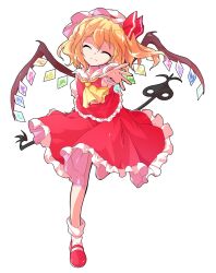 1girl ^_^ ascot blonde_hair bobby_socks bow closed_eyes closed_mouth collarbone commentary_request crystal_wings dairi double-parted_bangs fang flandre_scarlet frilled_shirt frilled_shirt_collar frilled_skirt frilled_sleeves frilled_vest frills full_body hair_between_eyes hat hat_ribbon head_tilt laevatein_(touhou) large_variant_set looking_at_viewer mary_janes medium_hair mob_cap multicolored_wings outstretched_arm pink_hat reaching reaching_towards_viewer red_bow red_eyes red_ribbon red_shoes red_skirt red_vest ribbon running shirt shoes simple_background skirt skirt_set socks solo split_mouth tachi-e touhou transparent_background variant_set vest white_shirt white_socks wings yellow_ascot