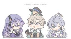 Rule 34 | 1boy, 2girls, animal, animal on head, aqua eyes, aqua shirt, aventurine (honkai: star rail), aventurine (origami bird) (honkai: star rail), bare shoulders, beak, belt, between fingers, bird, bird on head, black belt, black collar, black gloves, black hat, black jacket, black swan (honkai: star rail), black vest, blonde hair, blue eyes, blue hair, blush stickers, bracelet, breasts, buttons, card, closed mouth, clothing cutout, collar, collared shirt, colored inner hair, crossed bangs, detached sleeves, dress, earrings, feathered wings, flower ornament, fur-trimmed jacket, fur trim, gloves, gold bracelet, grey hair, hair between eyes, halo, hand up, hat, head wings, heart cutout, holding, holding card, holding removed eyewear, honkai: star rail, honkai (series), hug, jacket, jewel under eye, jewelry, lapels, large breasts, long hair, long sleeves, looking at animal, looking up, multicolored eyes, multicolored hair, multiple girls, neck tattoo, on head, one eye closed, open clothes, open jacket, origami bird (honkai: star rail), pink-tinted eyewear, purinacow, purple dress, purple eyes, purple hair, purple sleeves, purple veil, robin (honkai: star rail), robin (robird) (honkai: star rail), shirt, short hair, short sleeves, single earring, sleeveless, sleeveless dress, smile, sunglasses, tarot, tarot card, tattoo, tinted eyewear, two-tone dress, unworn eyewear, veil, vest, watch, wavy hair, white dress, white gloves, wings, wristwatch, yellow-framed eyewear