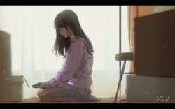 1girl blunt_bangs box brown_hair closed_eyes commentary commentary_request crying earphones english_commentary full_body gfriend highres holding indoors k-pop kneehighs letterboxed long_hair purple_sweater real_life shirt signature sitting socks solo sweater tears vivid507 yerin_(gfriend)