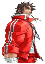 Rule 34 | 1boy, absurdres, brown eyes, brown hair, clenched teeth, cropped legs, edaki shin&#039;ya, facial hair, from side, full body, game cg, glaring, half-closed eyes, highres, jacket, justice gakuen, male focus, moero! justice gakuen, mutton chops, nekketsu hayato, non-web source, official art, open clothes, open jacket, shoes, simple background, sleeves rolled up, solo, teeth, thick eyebrows, track jacket, whistle, whistle around neck, white background, wrist wrap