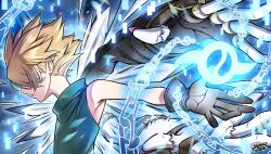 Rule 34 | 1boy, absurdres, akamine naoki, artist name, belt, blonde hair, brass knuckles, brown gloves, chain, claws, crests (digimon), digimon, digimon (creature), digimon adventure, digivice, gloves, gradient background, green shirt, hidden eyes, highres, ishida yamato, male focus, naoki akamine, pants, shirt, short hair, sleeveless, sleeveless shirt, sleeveless turtleneck, solo, tagme, turtleneck, upper body, weapon, weregarurumon
