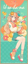 Rule 34 | 1girl, 2025, absurdres, akakura, animal ears, aqua skirt, artist name, asymmetrical footwear, asymmetrical legwear, bright pupils, brown hair, character name, closed mouth, copyright name, copyright notice, fake animal ears, food, full body, highres, jacket, long hair, long sleeves, looking at viewer, mismatched footwear, mismatched legwear, multicolored eyes, multicolored hair, open clothes, open jacket, orange hair, rabbit ears, sanrio, shoes, skirt, smile, socks, solo, streaked hair, striped clothes, striped socks, two-tone eyes, usahana, white pupils
